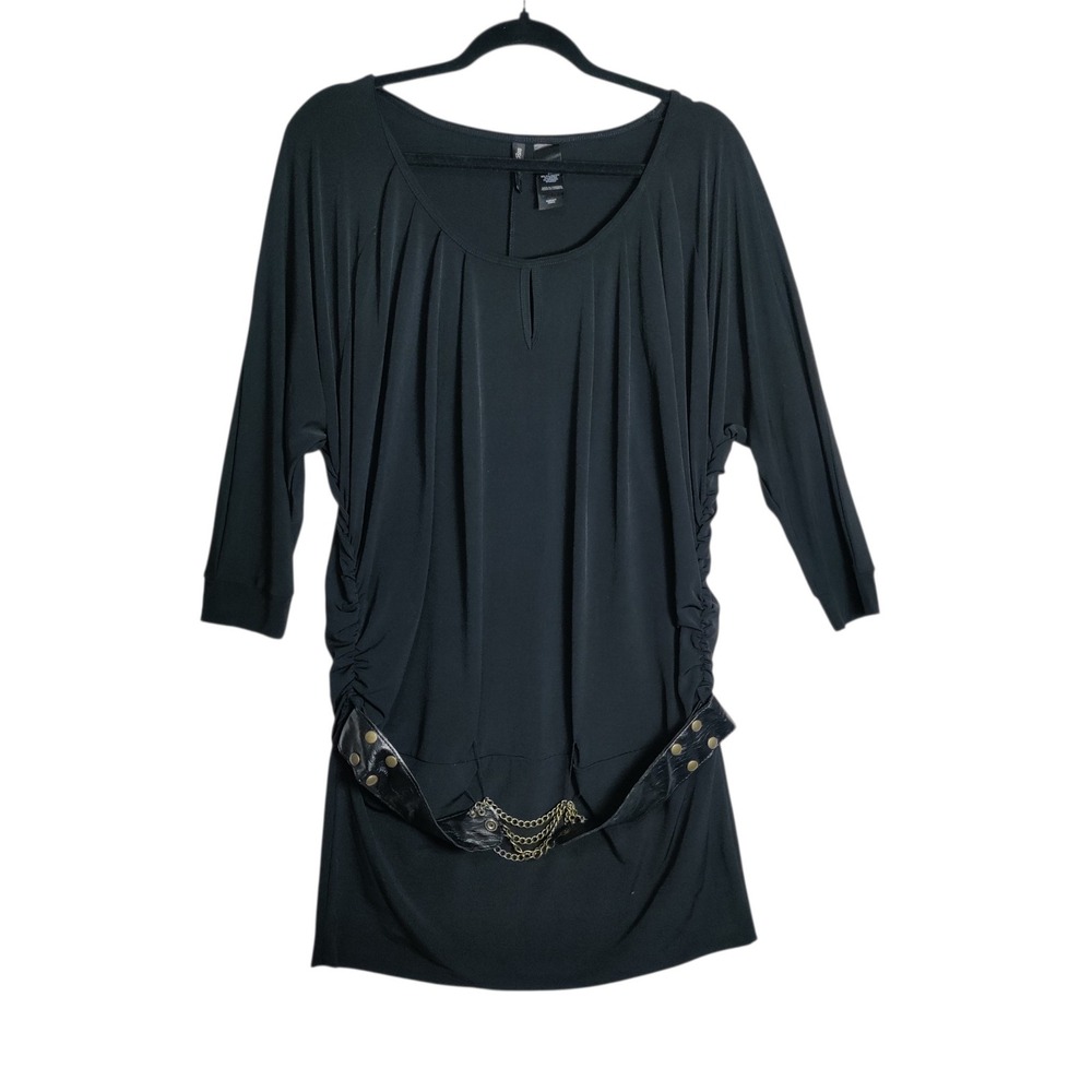 Bisou Bisou Michele Bohbot Black Ruched Tunic Dress Chain Belt Studded Large
